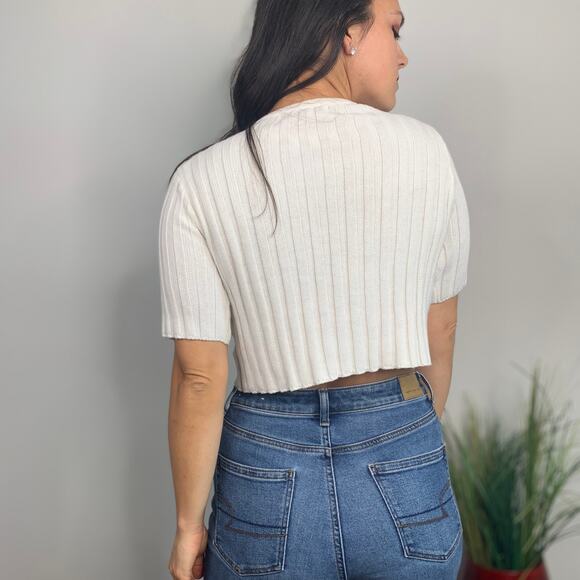 Style Addict White Cropped Crewneck Half Sleeve Sweater - Picture 3 of 6